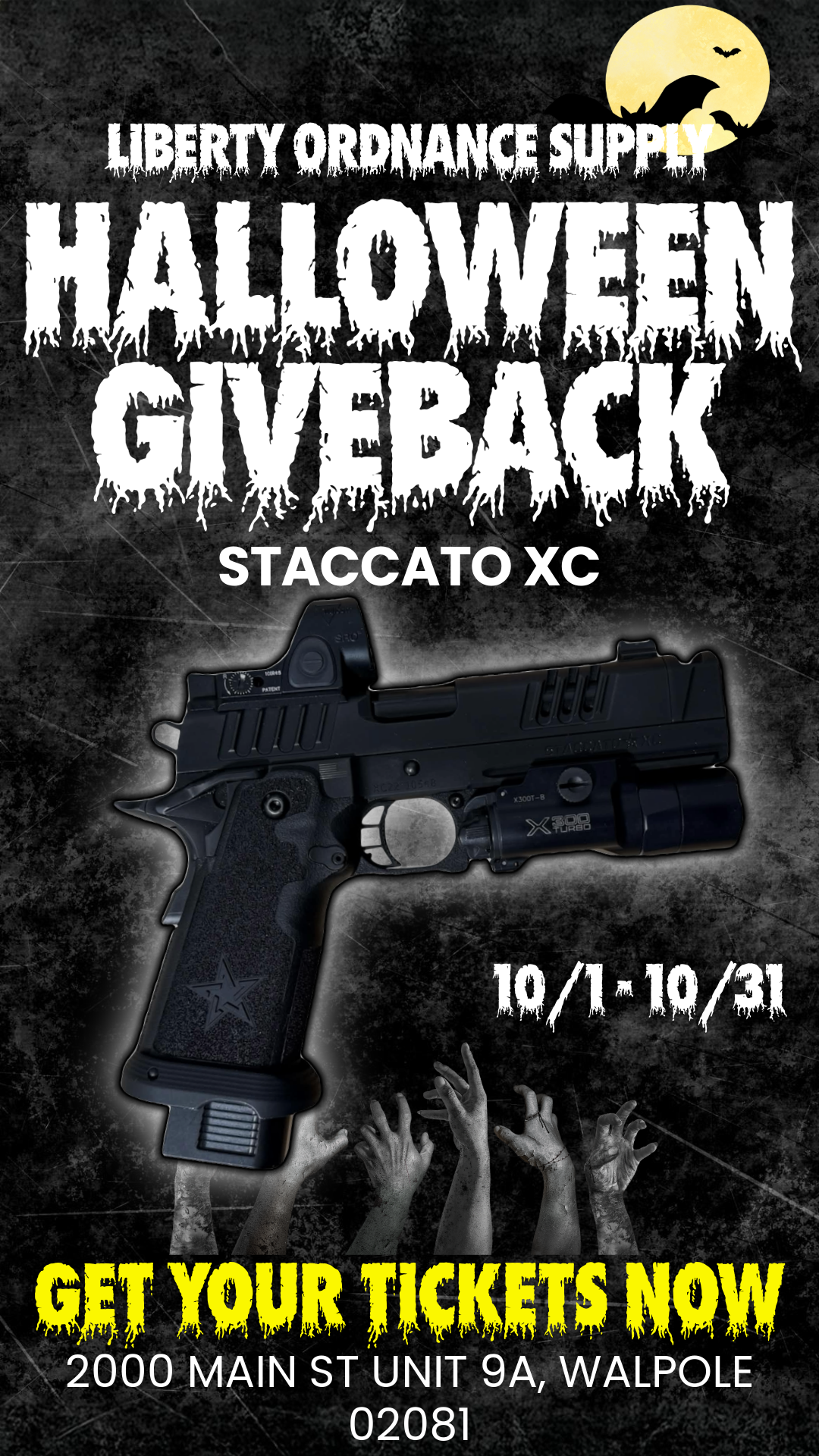 Liberty Ordnance Supply Halloween Giveback poster: Staccato XC with a Trijicon optic and SureFire X300 light, October 1 to 31
